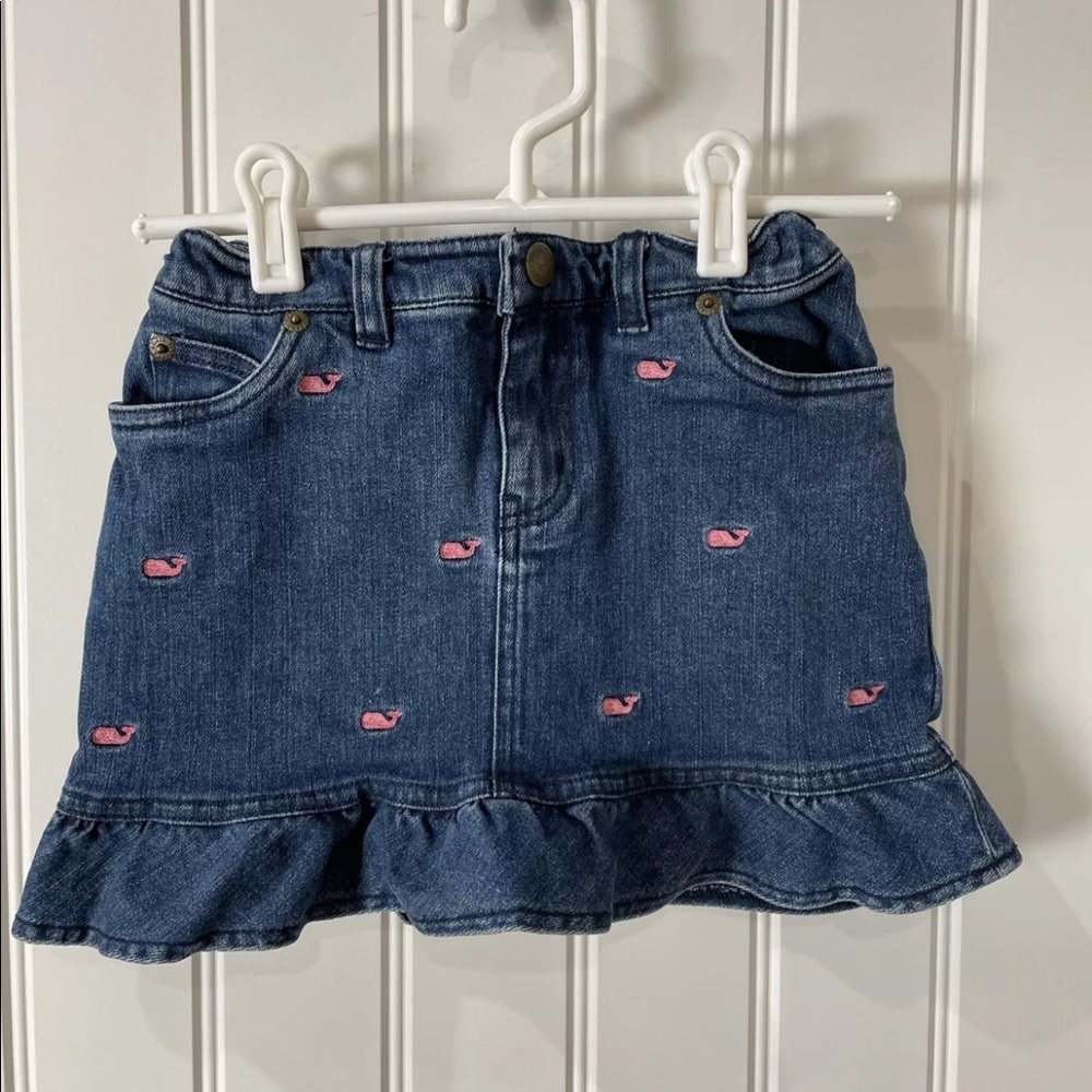 GIRLS VINYARD VINES DENIM SKIRT PINK WHALES 7 ADJ WAIST RUFFLE.